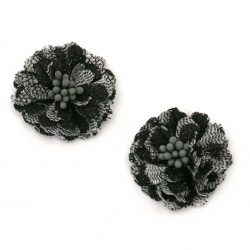 Lace Fabric Flower with Stamens, 30x15 mm, Black Color - 2 Pieces