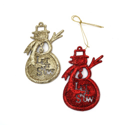 Snowman Christmas Pendant /   70x120 mm / Red and Gold Color with Glitter - 2 pieces