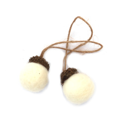 Handmade Wool Felt Acorn Pendant 30 mm, White - 2 pieces