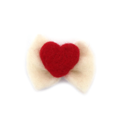 Handmade Bow Tie from Wool Felt 60x50 mm, White with Red Heart