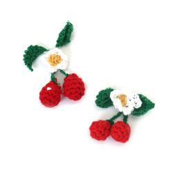 Cireșe tricotate cu floare 50x30x12 mm, lucrate manual, culoare roșu, verde și alb - 2 bucăți