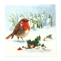 Ti-Flair Napkin, 33x33 cm, Three-Ply, Featuring Robin, Holly, and Snowdrops - 1 piece