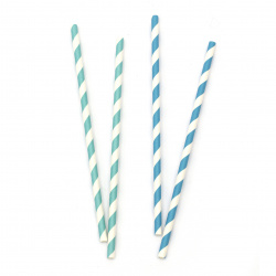Paper Straws, 195x6 mm, Two-Tone Stripes, White and Blue - 25 Pieces