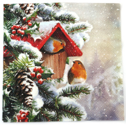 3-Ply Decoupage Napkin AMBIENTE, 33x33 cm, House with Robins - 1 piece