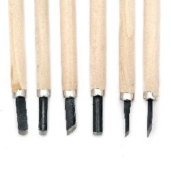 Set of wood carving blades with wooden handle 6 pieces
