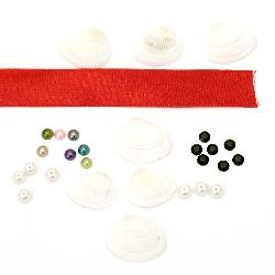 Set decorativ, decor -25 buc perle de sticlă 6 mm, 25 perle emisferă perlă tip 6 mm, 50 buc mărgele acrilice tip cabochon negru 6 mm, 20 buc alb midii, 20 m panglică din satin 20 mm