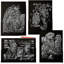 Motiv pictura zgarieturi animale argintiu și instrument pentru zgâriere - set de 4 bucăți A4