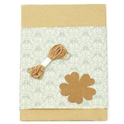 Gift wrapping set - kraft paper 50x70 cm, designer paper with ornaments green 50x18 cm, cotton cord 3 meters, tag clover - brown