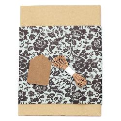 Gift wrapping set - kraft paper 50x70 cm, designer paper with black flowers 50x18 cm, cotton cord 3 meters, rectangular tag 1 piece
