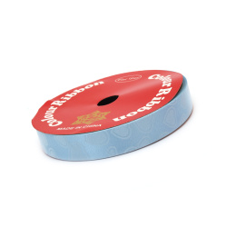 Decorative ribbon, 16 mm, light blue with printed hearts - 9 meters