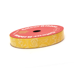 Decorative ribbon, 16 mm, yellow with printed roses - 9 meters