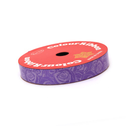 Ribbon for decoration, 16 mm, purple with printed roses - 9 meters