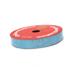 Decorative ribbon, 16 mm, light blue with rose print - 9 meters