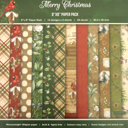 "Merry Christmas" Design Paper Pack of 24 Sheets: 12 Patterns Designs x 2 Sheets Each, Heavyweight 160gsm Paper, Perfect for Scrapbooking, DIY Arts and Crafts, Size: 8inchx8inch / 20.3x20.3 cm