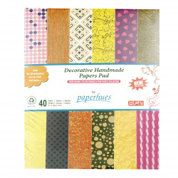 Decorative Handmade Papers Pad with 40 designs made in India, 120 gsm, for scrapbooking, art and craft, 21x29.7 cm, IVORI-BROUN, YELLOW and Pink-PURPLE Motifs