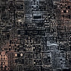 Handmade Nepal Paper 49x75 cm Printed house - black with silver, gold, copper