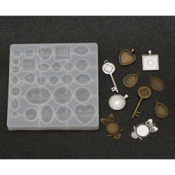 Silicone Mold Set, 146x146x15 mm, for Casting Epoxy Resin Jewelry, with 33 Metal Pendant Bases