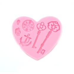Silicone Mold 104x95x7 mm, Shapes: Keys, Anchor and Skull Faces, Shape of the Mold itself: Heart