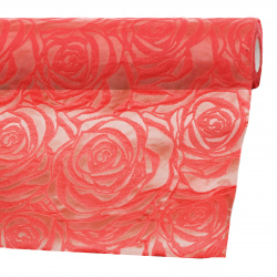 Textile paper embossed roses 53x450 cm color red