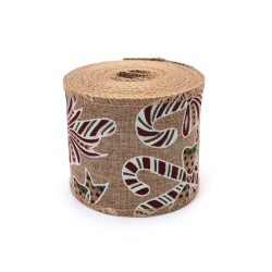 Vianočná dekoračná jutová stuha s potlačou, 60 mm x 6 m