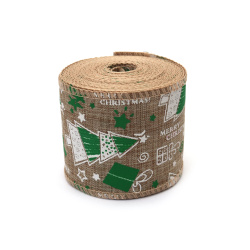 Nastro in juta con stampa alberi di Natale, 60 mm, circa 6 m