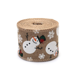 Juteband mit Weihnachts-Schneemann-Motiv, 60 mm, ca. 6 m
