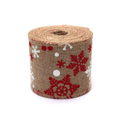 Burlap Ribbon with Christmas Snowflake Print, 60 mm, ~6 meters