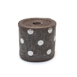 Burlap Ribbon, 60 mm, Gray with Polka Dots, ~6 meters
