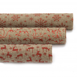 Panglică pânză de sac 48x270 cm culoare imprimeu natural Motive de Crăciun brocart roșu asortat