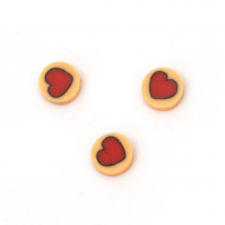 Fimo decoration elements 5x5x1.5 mm circle orange with red heart -50 pieces