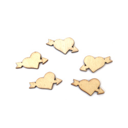 Figurină inimă din lemn cu săgeată 30x15x3 mm culoare naturală - 20 bucăți