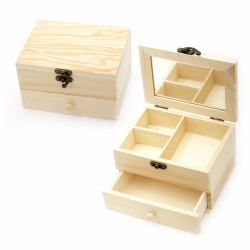 Кутия дървена с огледало 160x115x100 мм с три разделения и чекмедже