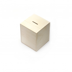 Unfinished Wooden Money Box with Cube Shape / 120x120x120 mm