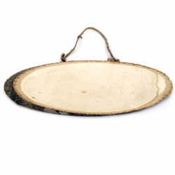 Oval shaped unfinished wooden slice with rope  330~360x100~145mm