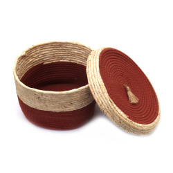 Wicker Basket Made of Cotton and Raffia with Lid, 280x200 mm, Terracotta Red and Beige Color