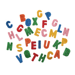 Самозалепващи латински букви фоам /EVA материал/ с брокат 33 мм микс цветове -56 броя