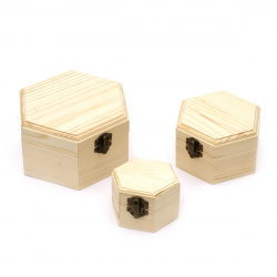 Set of 3 Unfinished Wooden Hexagonal Boxes / 157x134x85 mm, 120x105x70 mm, 85x75x55 mm
