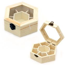 Κουτί ξύλινο εξάγωνο με παράθυρο και διαχωριστικά 150x130x50 mm