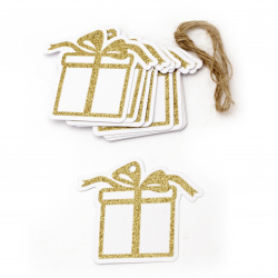Glitter Christmas Cardboard Tags with Cord, Gold 8.6x7.5 cm ~ 12 pieces