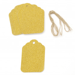 Cardboard tags 5.7x8.5 cm cardboard glitter gold with cord jute -12 pieces