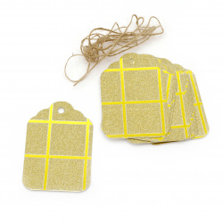 Glitter Cardboard Gift tags, Gold with Squares Pattern and Jute Cord 5.7x8.5 cm -12 pieces