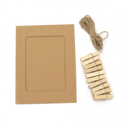 Set of cardboard frames, external size 131x97 mm with decorative clips - 10 pieces and hemp rope coconut color
