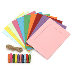 Комплект цветни картонени рамки за снимки външен размер 156x116 мм с декоративни щипки -10 броя и конопено въже цвят микс