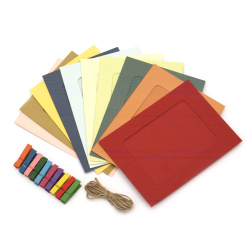Комплект цветни картонени рамки за снимки външен размер 156x116 мм с декоративни щипки -10 броя и конопено въже цвят перлен