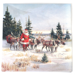 Ambiente Decoupage-Serviette 33x33 cm – 3-lagig, Weihnachtsmann mit seinen Rentieren, 1 Stück, festliche Serviette für kreative Serviettentechnik