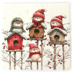 Charming Ambiente Serviette für Decoupage 33x33 cm – 3-lagig, Vogelhaus-Quartett Weiß, 1 Stück, Deko-Serviette für kreative Serviettentechnik