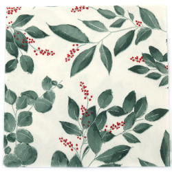 Decoupage Napkin Ambiente, 33x33 cm, Three-Ply, Leaves and Berries, White - 1 Piece