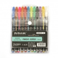 Комплект химикалки с гел мастило неонови цветове и фин брокат 1.0 мм -12 цвята