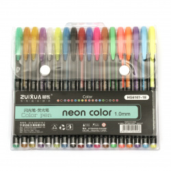 Set of Gel Pens with Neon Colors and Fine Glitter 1.0 mm - 18 Colors