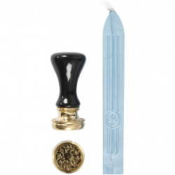 Sealing wax set including light blue wax and handle with laurel wreath seal HAPPY MOMENTS